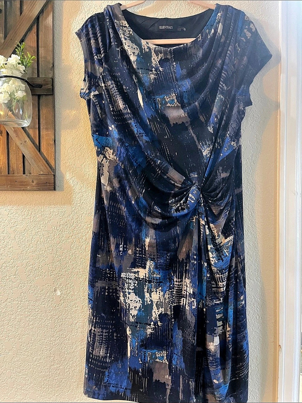 Ellen Tracy Abstract Knot Front Midi Dress Blue Size 16 Like New